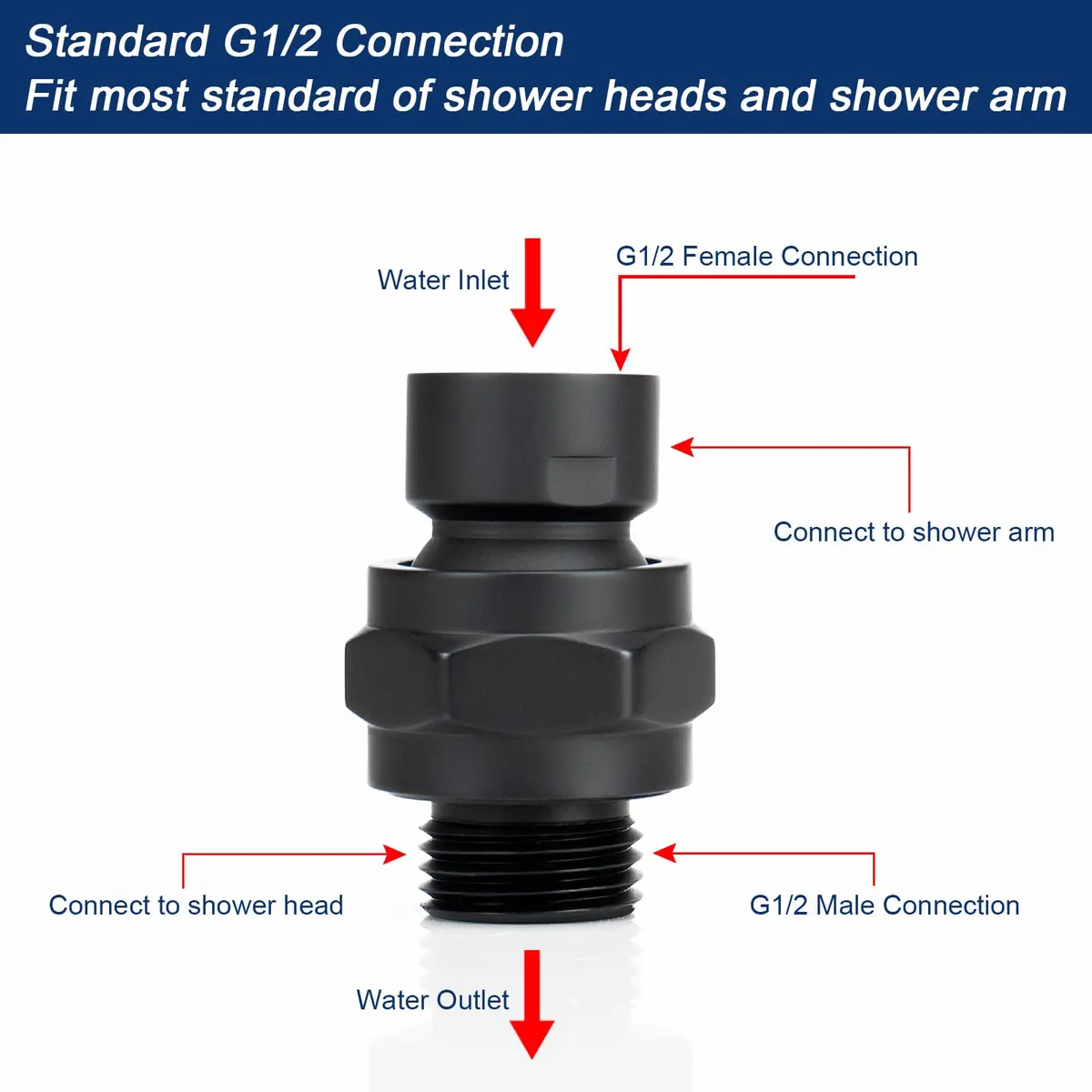 NearMoon Shower Head Swivel Ball Adapter Matte Black | Solid Brass Shower Connector Ball Joint Adjustable Universal Shower Arm Extension Component - view 6