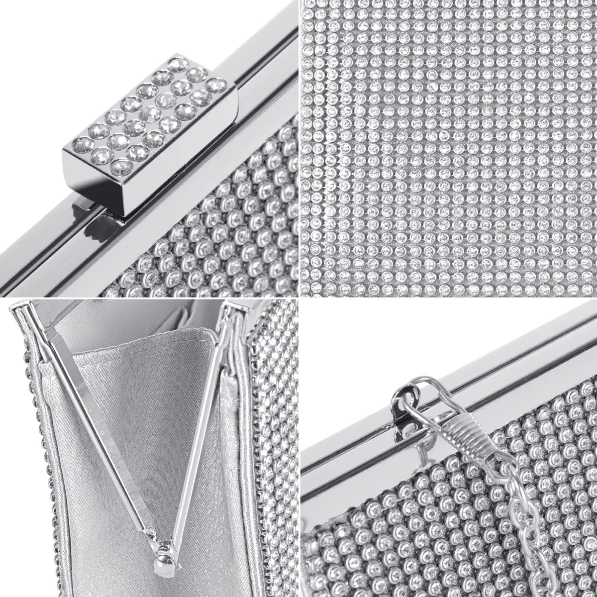 JIAN YA NA Silver Rhinestone Trihedral Clutch Evening Bag 11.3cm x 15.5cm | Bling Zipper Wedding Purse - view 4