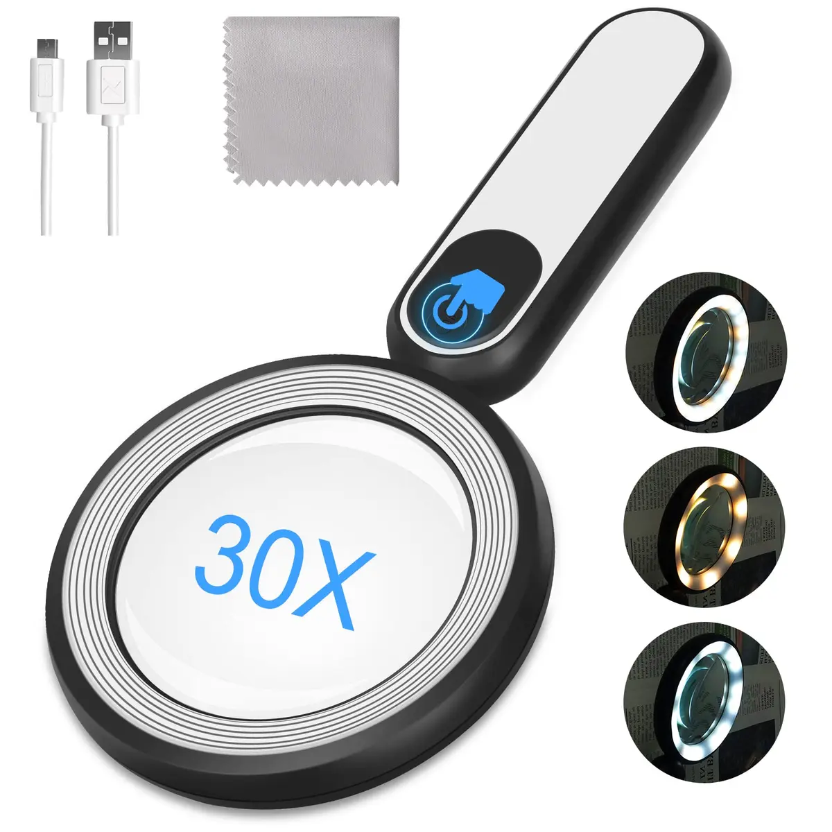 Arsir Rechargeable Magnifying Glass with Light, 30X 4.72in (12cm) Handheld LED Illuminated Book Magnifier - main product image