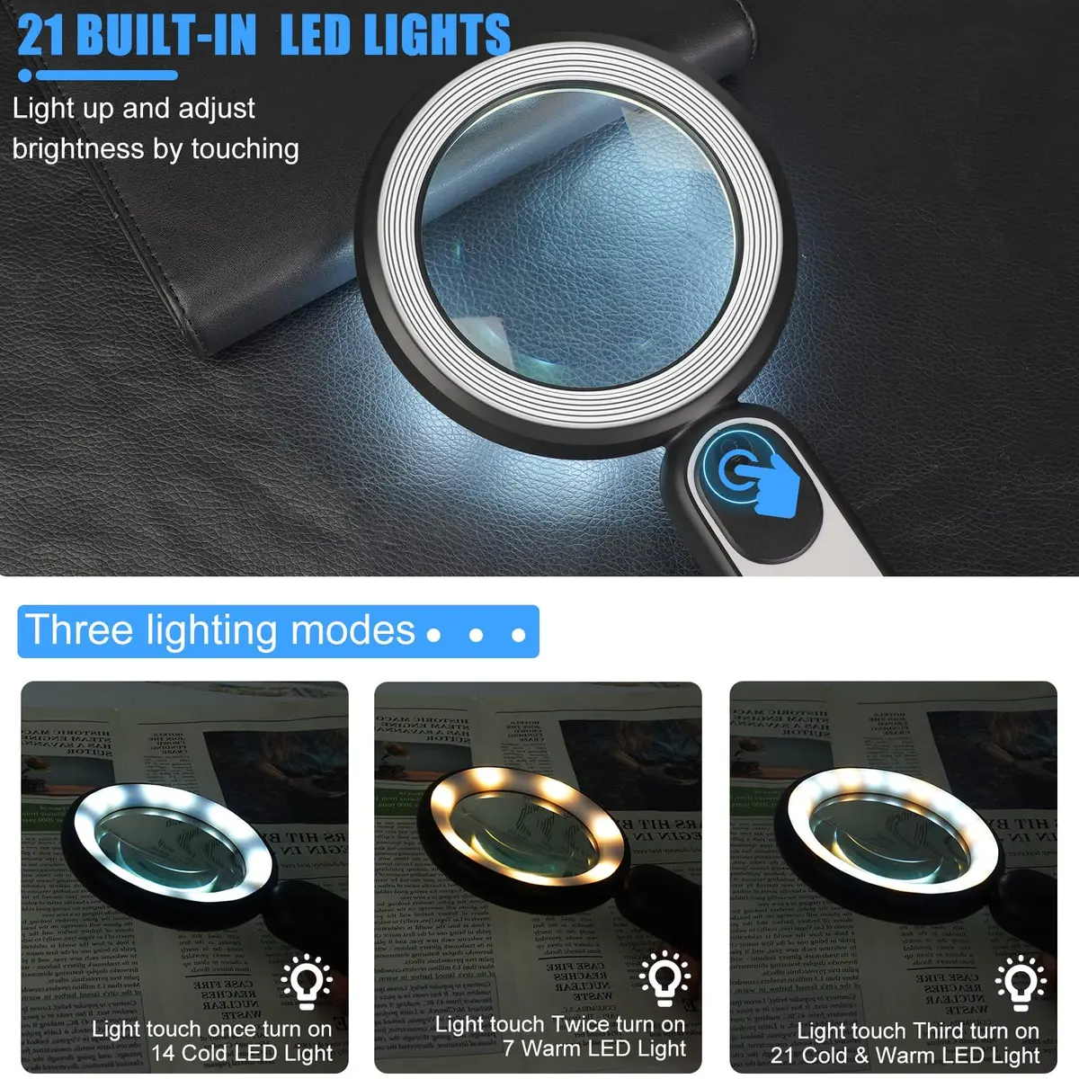 Arsir Rechargeable Magnifying Glass with Light, 30X 4.72in (12cm) Handheld LED Illuminated Book Magnifier - view 5