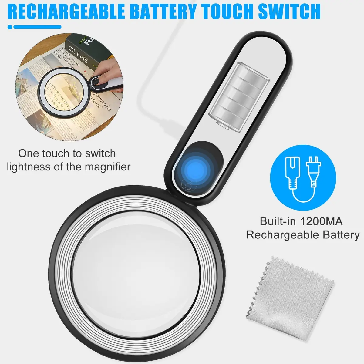 Arsir Rechargeable Magnifying Glass with Light, 30X 4.72in (12cm) Handheld LED Illuminated Book Magnifier - view 2