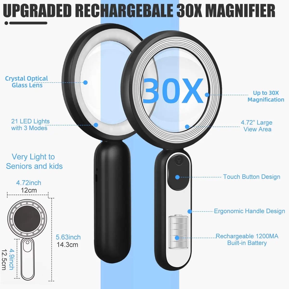 Arsir Rechargeable Magnifying Glass with Light, 30X 4.72in (12cm) Handheld LED Illuminated Book Magnifier - view 4