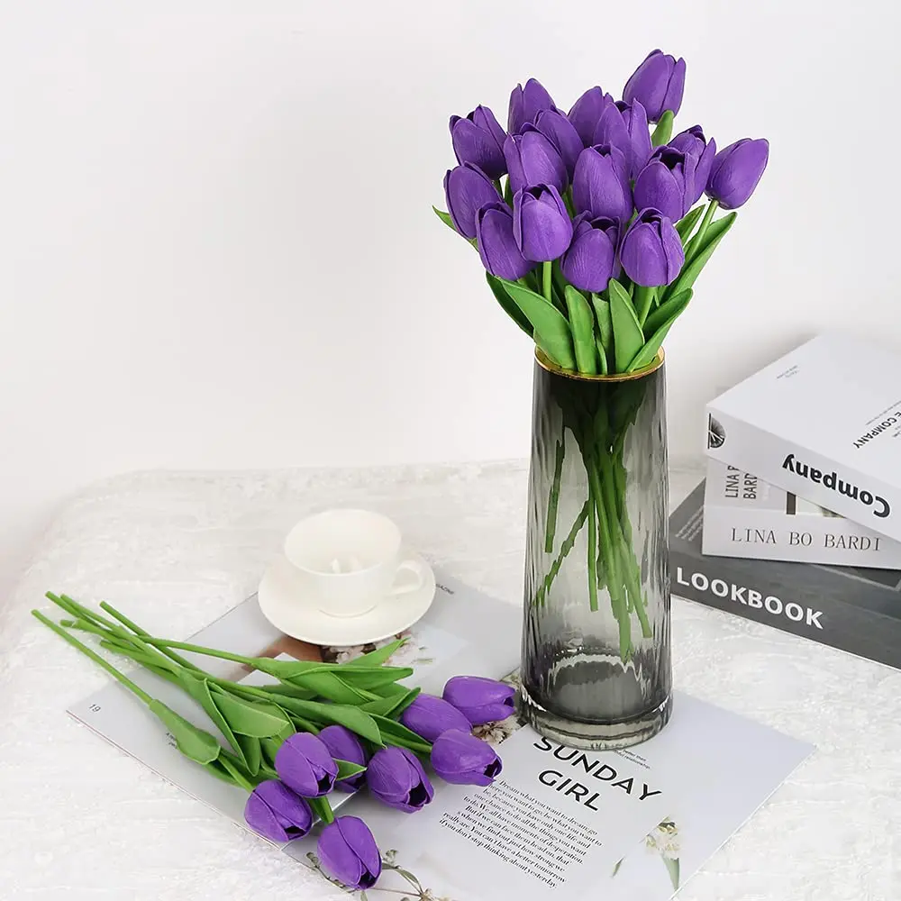IPOPU Real Touch Purple Tulips 24PCS Artificial Flowers 34cm (13.4") | Lifelike Floral Arrangements for Home Decor - view 7