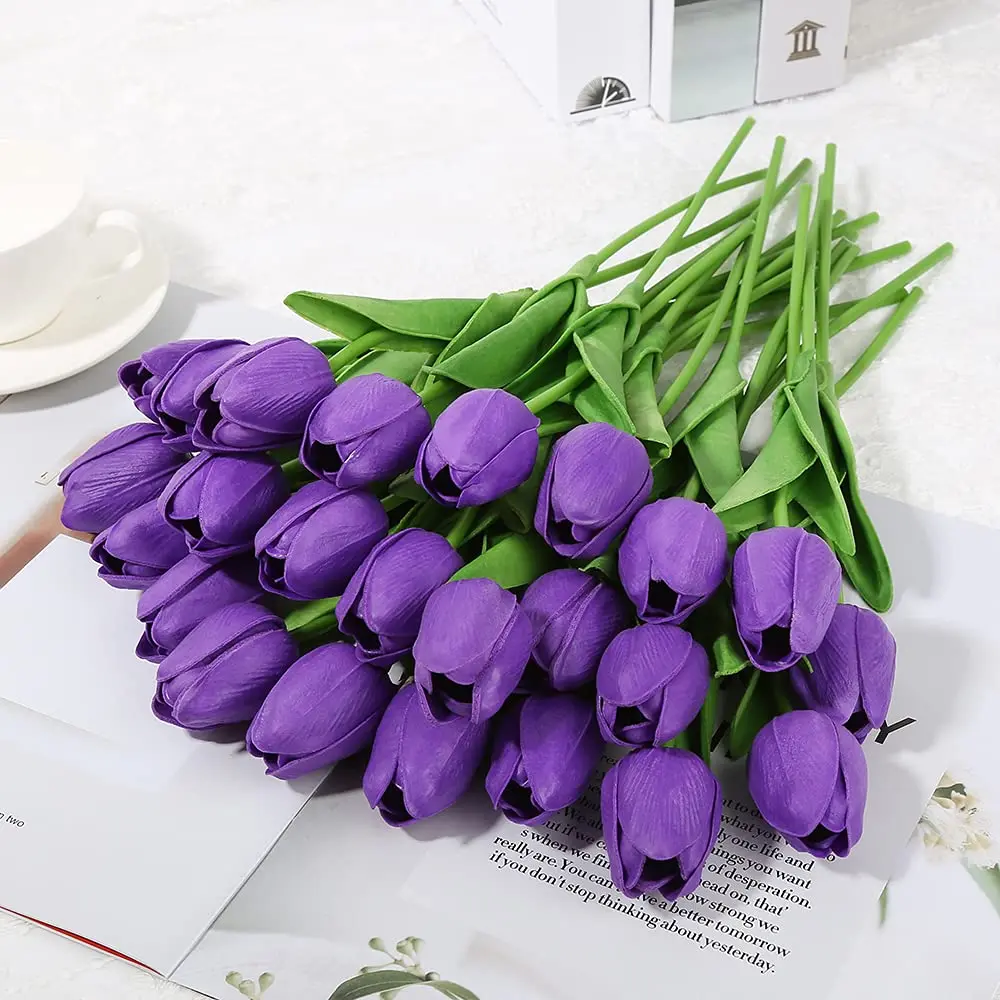 IPOPU Real Touch Purple Tulips 24PCS Artificial Flowers 34cm (13.4") | Lifelike Floral Arrangements for Home Decor - view 2