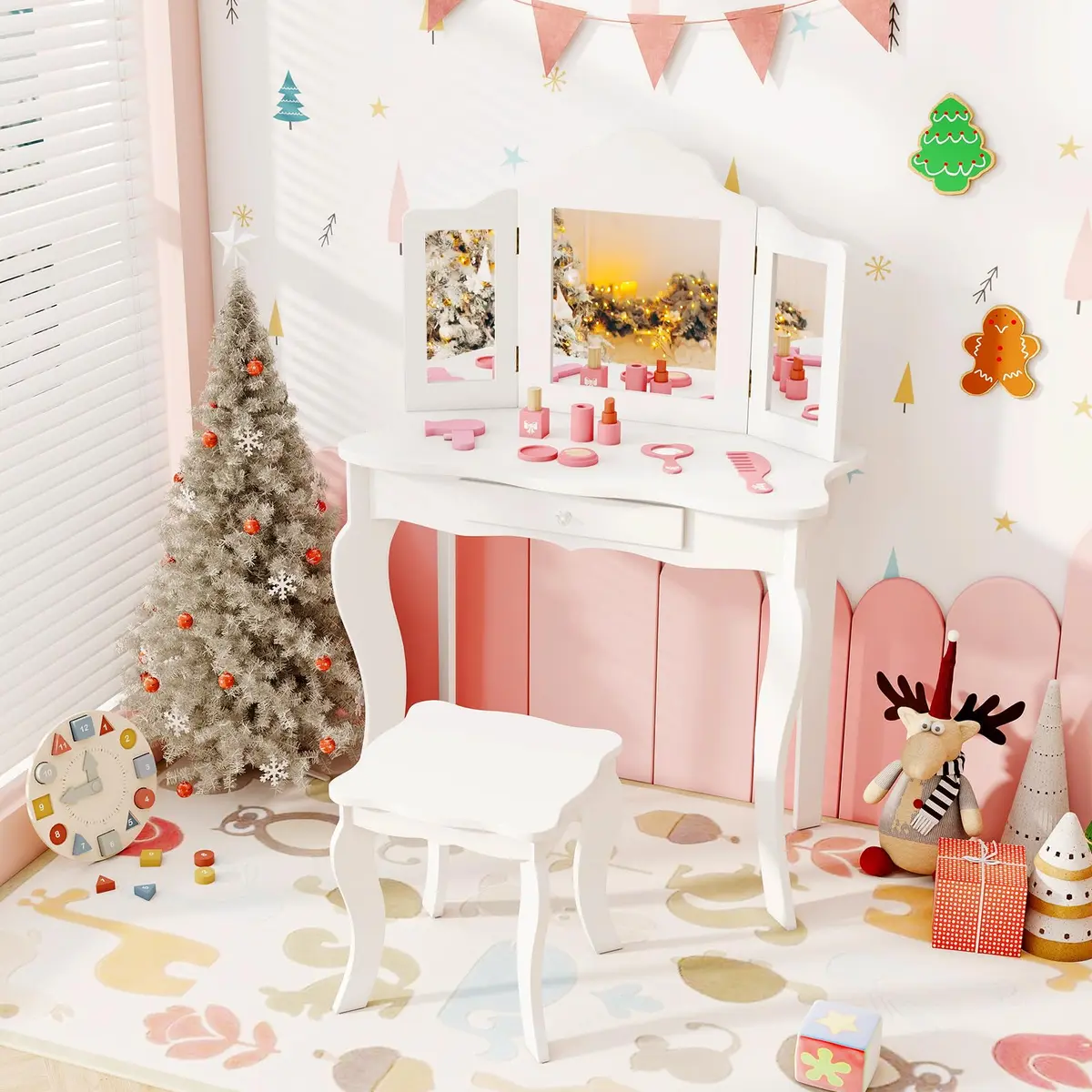 AKUSTIK Kids Vanity 2 in 1 Wooden Dressing Table & Chair Set | Detachable Tri-Fold Mirror, Storage Drawer, Toddler Pretend Princess Playset (27.5" x 13.5" x 41") - main product image