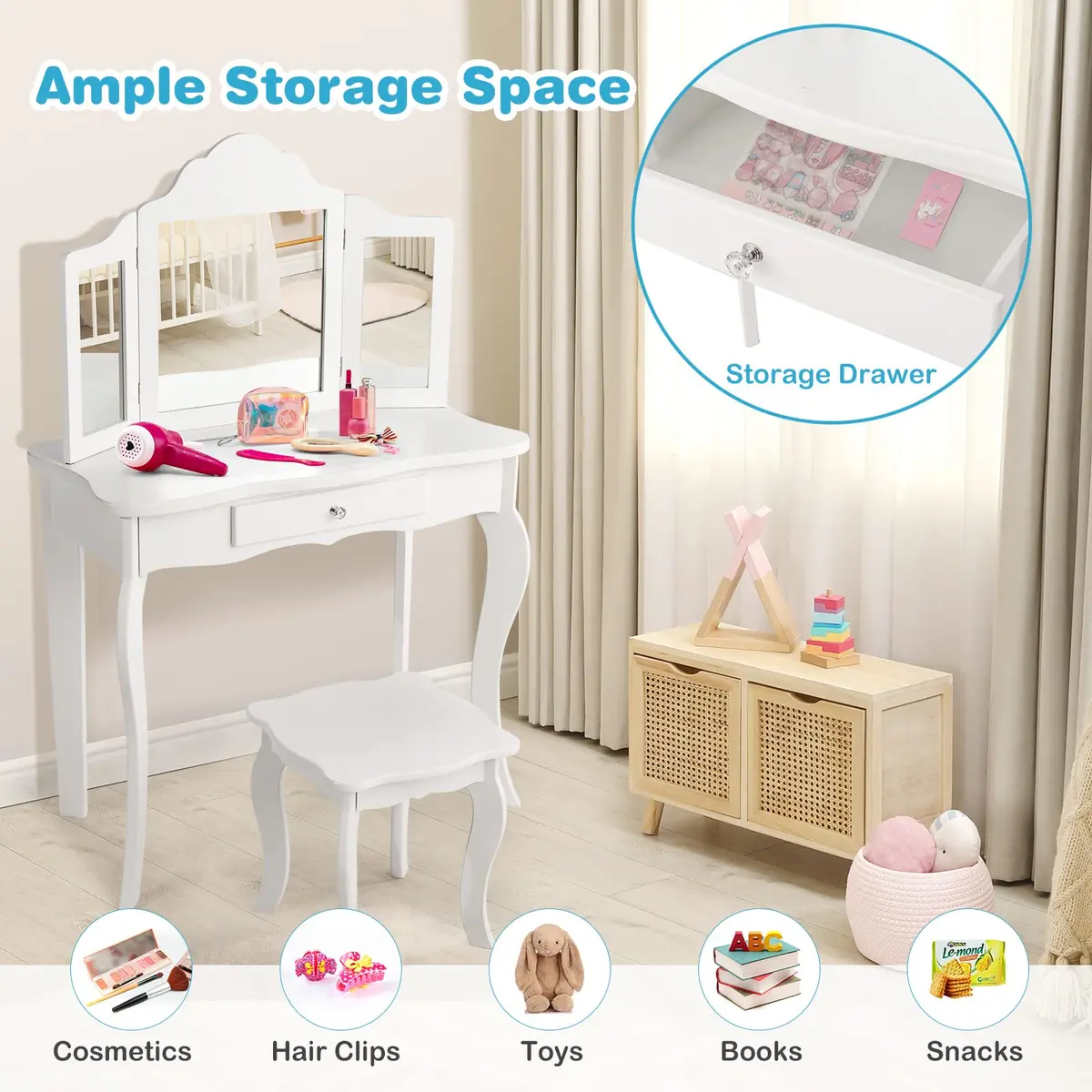 AKUSTIK Kids Vanity 2 in 1 Wooden Dressing Table & Chair Set | Detachable Tri-Fold Mirror, Storage Drawer, Toddler Pretend Princess Playset (27.5" x 13.5" x 41") - view 5