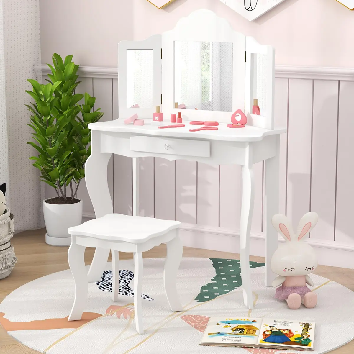 AKUSTIK Kids Vanity 2 in 1 Wooden Dressing Table & Chair Set | Detachable Tri-Fold Mirror, Storage Drawer, Toddler Pretend Princess Playset (27.5" x 13.5" x 41") - view 6