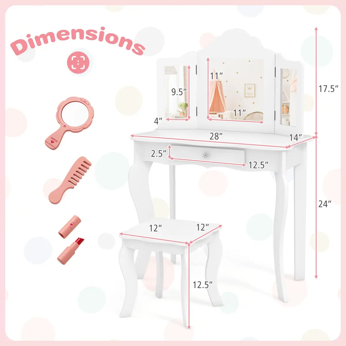 AKUSTIK Kids Vanity 2 in 1 Wooden Dressing Table & Chair Set | Detachable Tri-Fold Mirror, Storage Drawer, Toddler Pretend Princess Playset (27.5" x 13.5" x 41") - view 7
