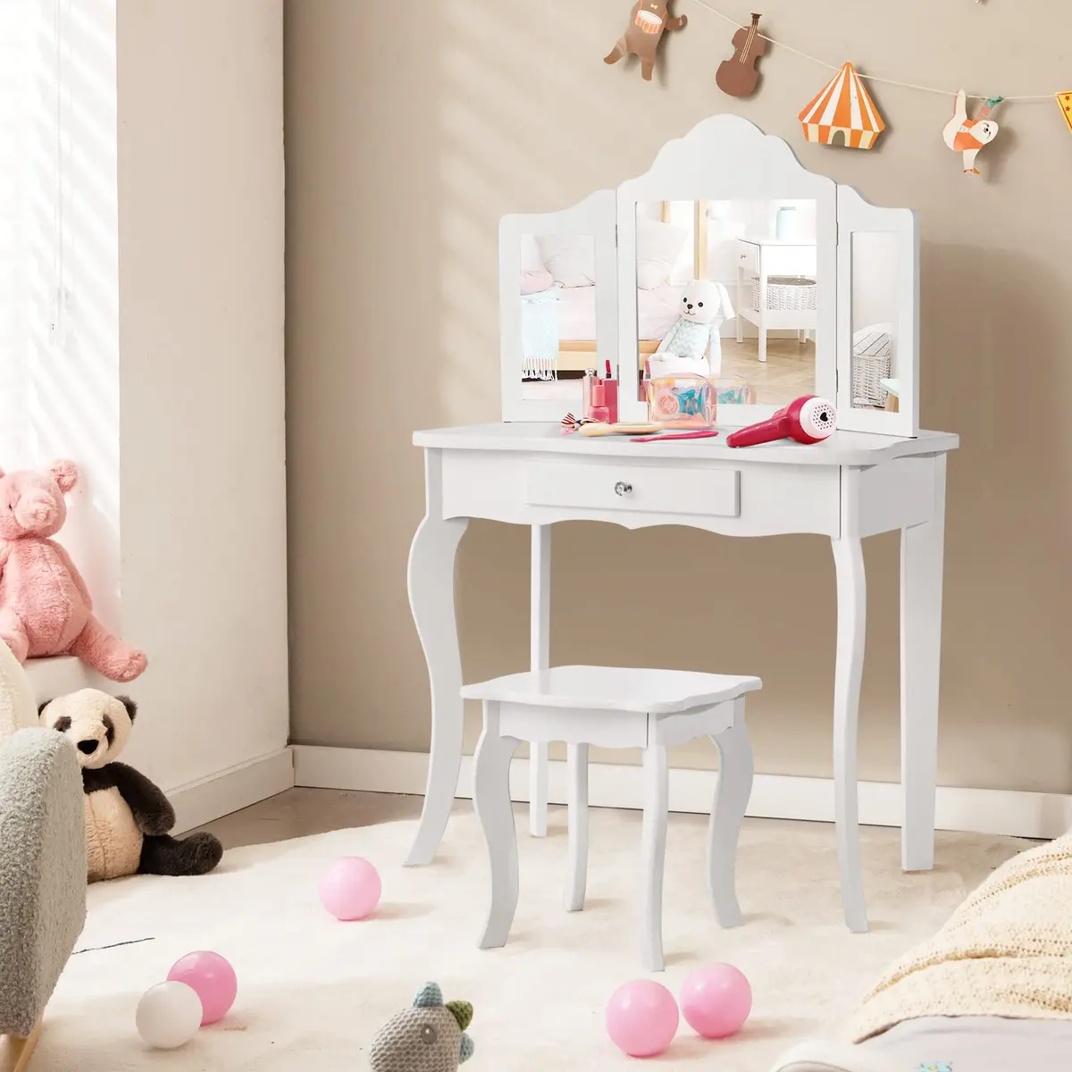 AKUSTIK Kids Vanity 2 in 1 Wooden Dressing Table & Chair Set | Detachable Tri-Fold Mirror, Storage Drawer, Toddler Pretend Princess Playset (27.5" x 13.5" x 41") - view 8