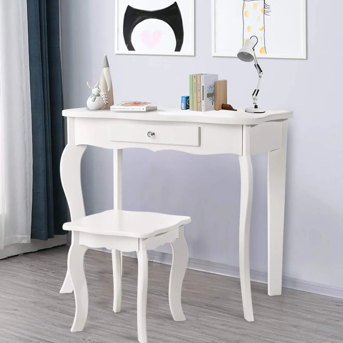 AKUSTIK Kids Vanity 2 in 1 Wooden Dressing Table & Chair Set | Detachable Tri-Fold Mirror, Storage Drawer, Toddler Pretend Princess Playset (27.5" x 13.5" x 41") - view 9