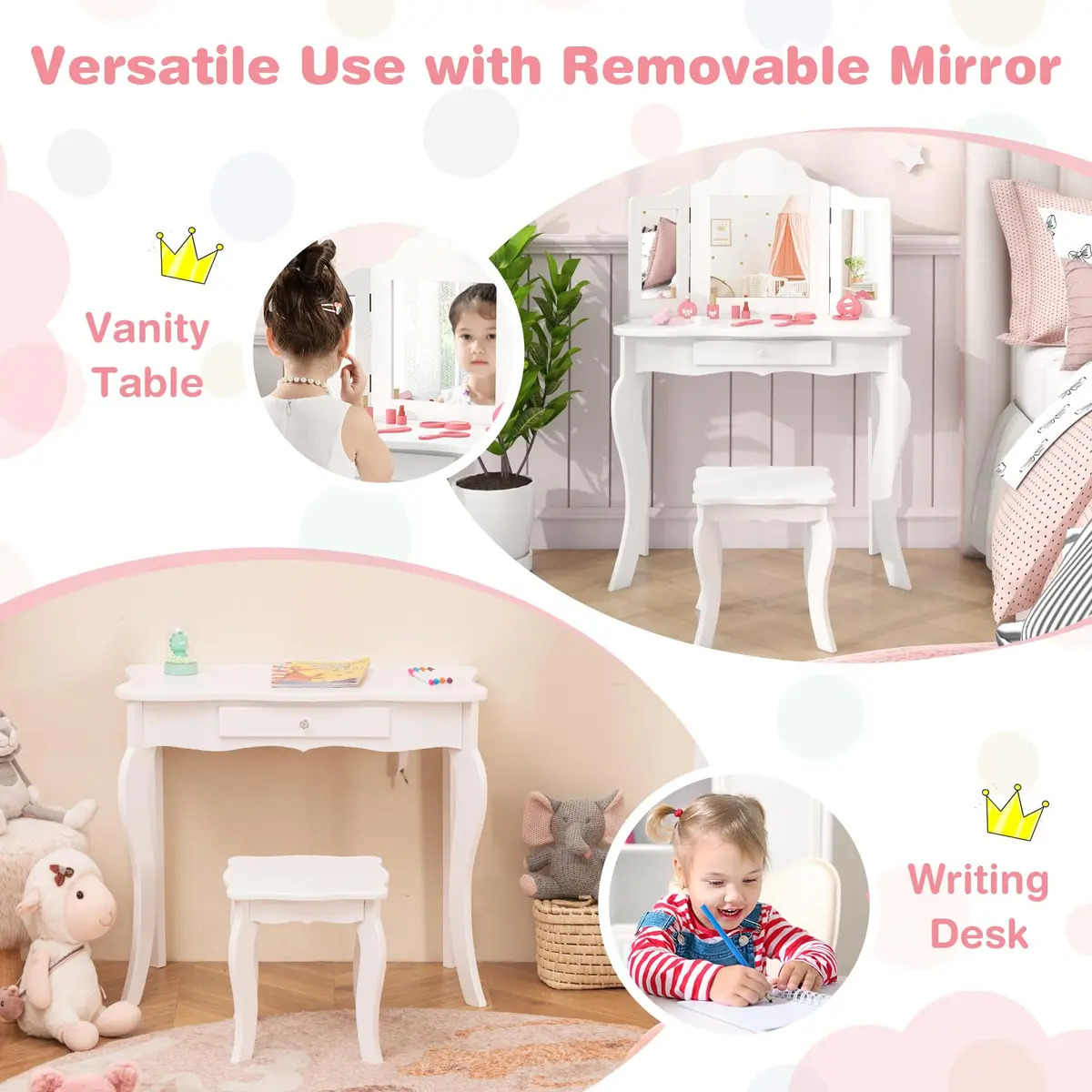 AKUSTIK Kids Vanity 2 in 1 Wooden Dressing Table & Chair Set | Detachable Tri-Fold Mirror, Storage Drawer, Toddler Pretend Princess Playset (27.5" x 13.5" x 41") - view 2