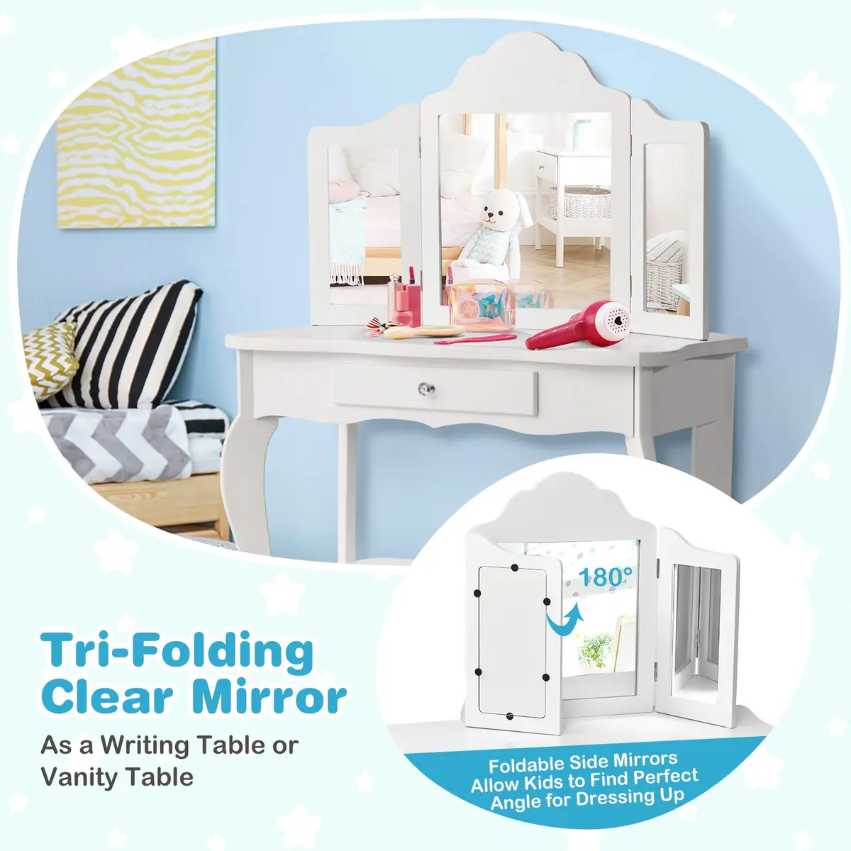 AKUSTIK Kids Vanity 2 in 1 Wooden Dressing Table & Chair Set | Detachable Tri-Fold Mirror, Storage Drawer, Toddler Pretend Princess Playset (27.5" x 13.5" x 41") - view 3