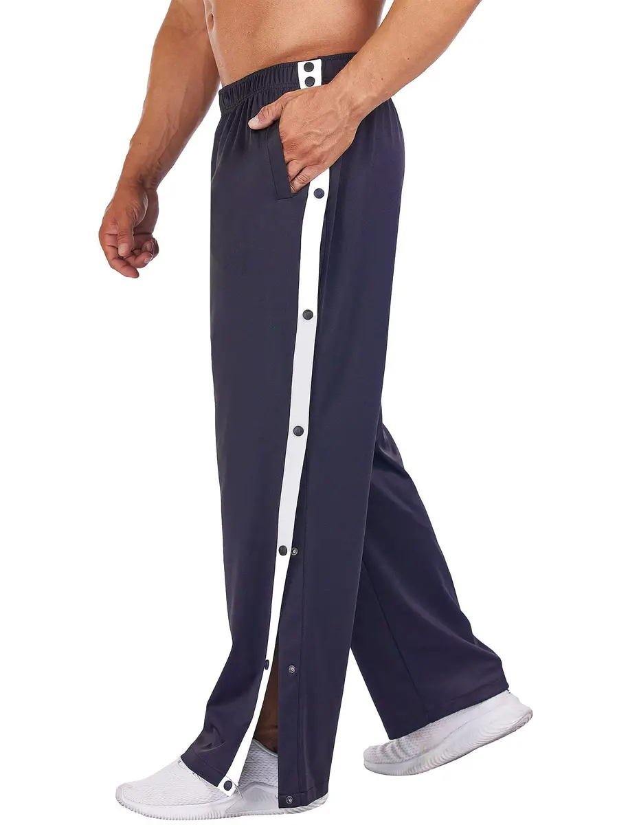 Deyeek Men's Tear Away Basketball Pants High Split Snap Button Casual Post-Surgery Sweatpants with Pockets Navy Blue | Stretchable, Comfortable, Post-Surgery Wear - main product image