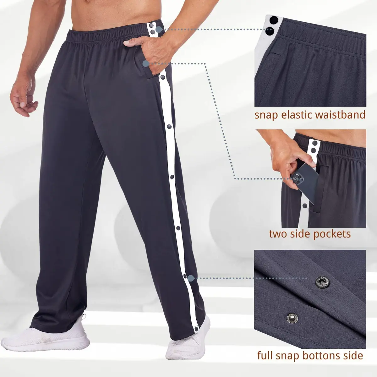 Deyeek Men's Tear Away Basketball Pants High Split Snap Button Casual Post-Surgery Sweatpants with Pockets Navy Blue | Stretchable, Comfortable, Post-Surgery Wear - view 5