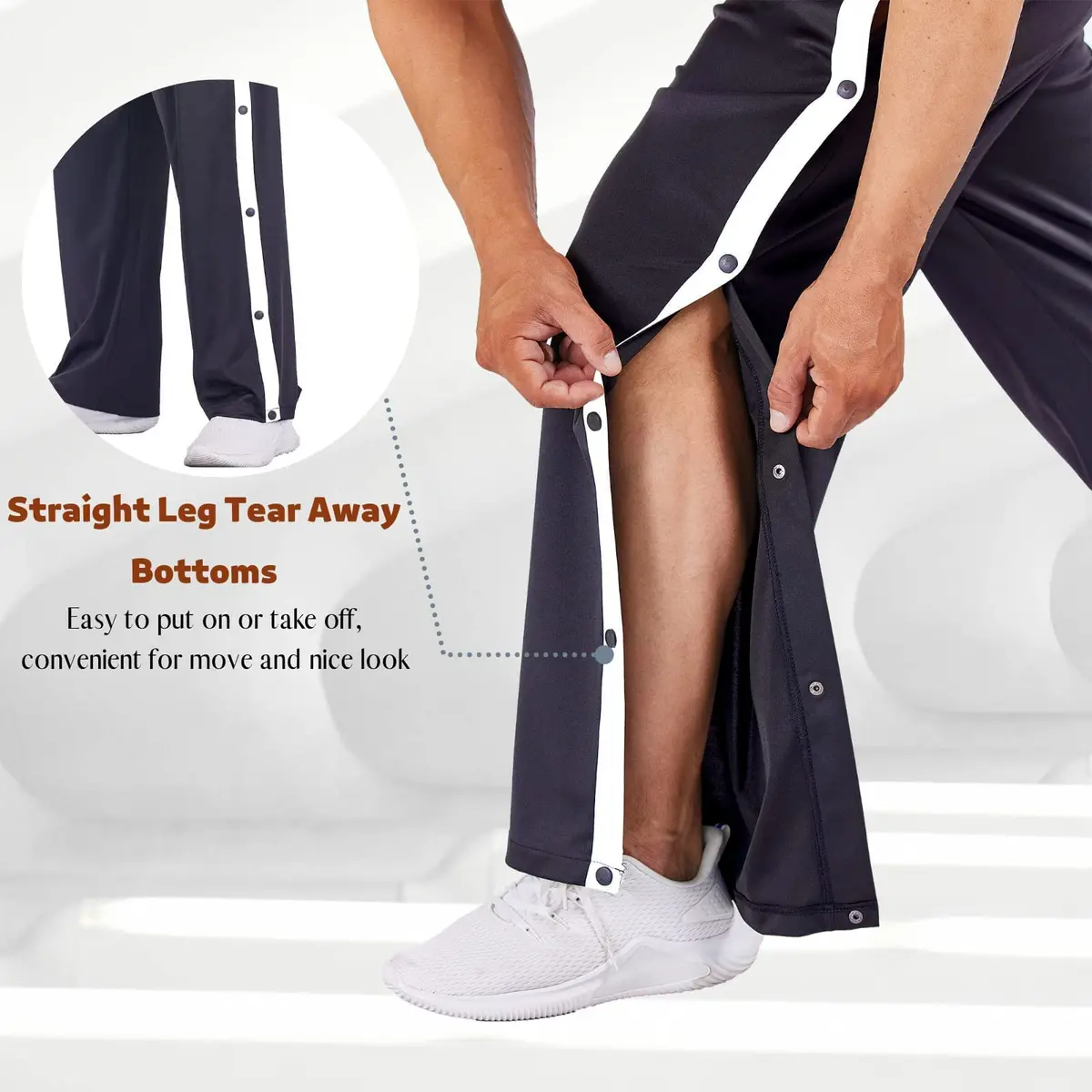 Deyeek Men's Tear Away Basketball Pants High Split Snap Button Casual Post-Surgery Sweatpants with Pockets Navy Blue | Stretchable, Comfortable, Post-Surgery Wear - view 3