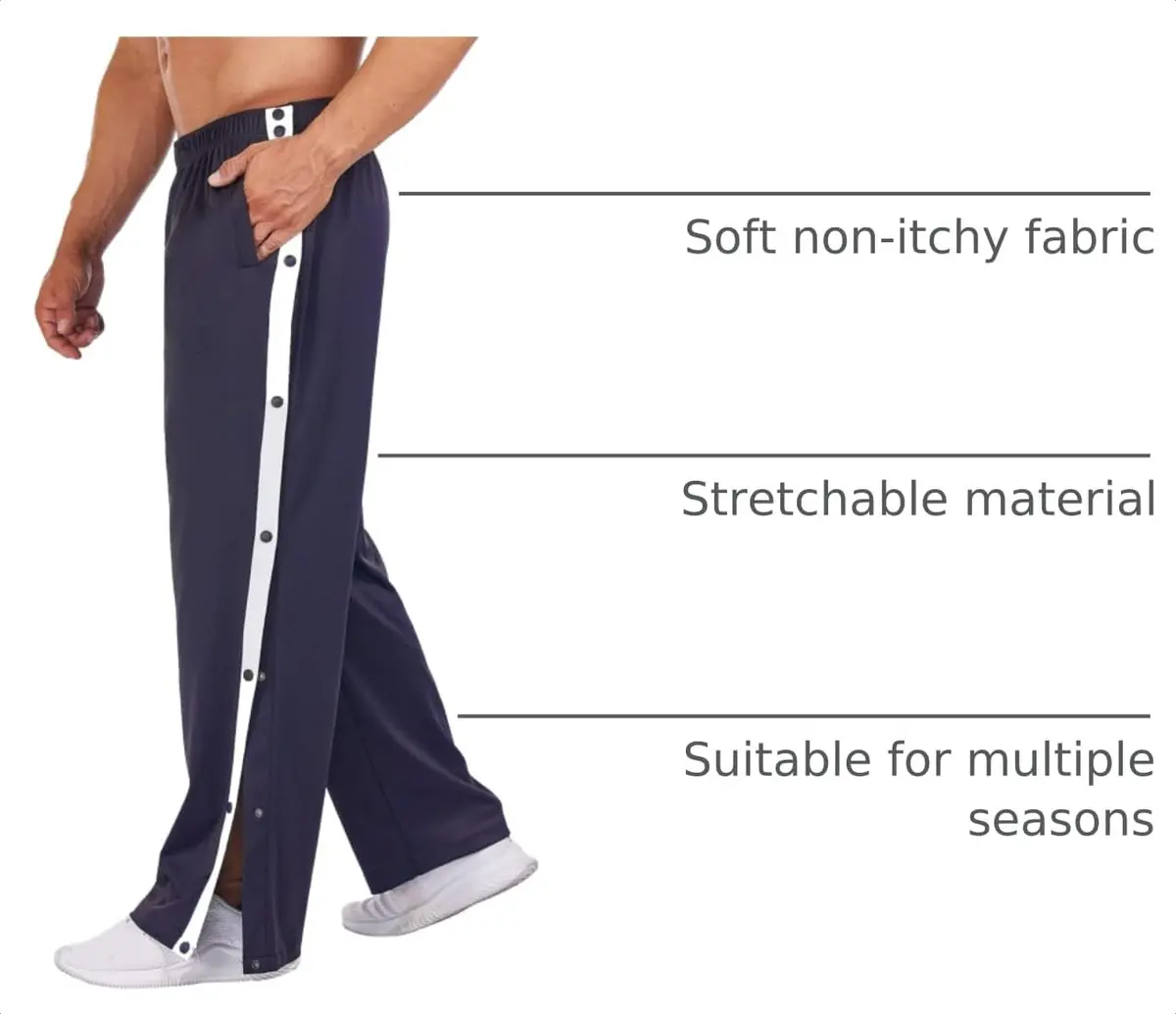 Deyeek Men's Tear Away Basketball Pants High Split Snap Button Casual Post-Surgery Sweatpants with Pockets Navy Blue | Stretchable, Comfortable, Post-Surgery Wear - view 4