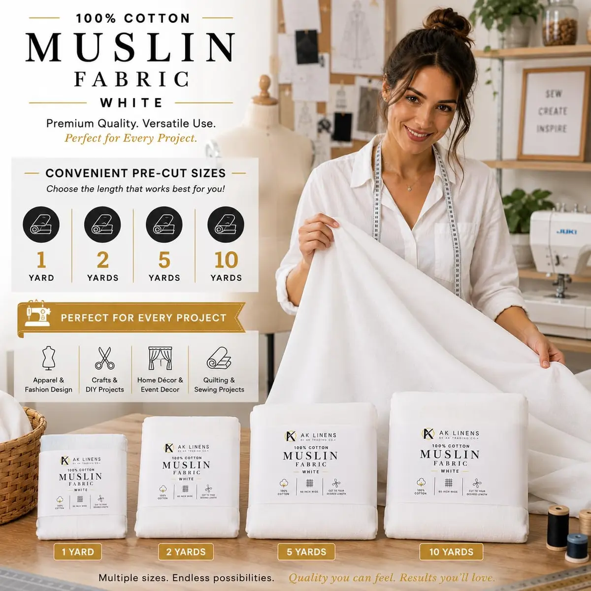 AK TRADING CO. Bleached Cotton Muslin Fabric 1 Yard | Medium Weight, 60in Wide, 100% Cotton - view 5