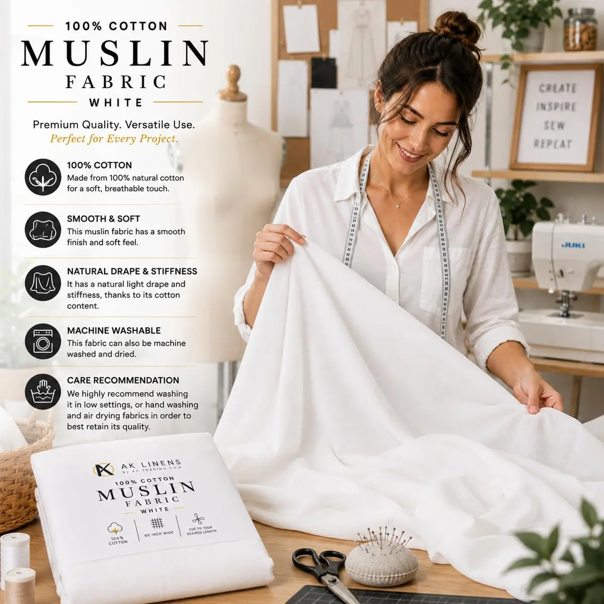 AK TRADING CO. Bleached Cotton Muslin Fabric 1 Yard | Medium Weight, 60in Wide, 100% Cotton - view 2