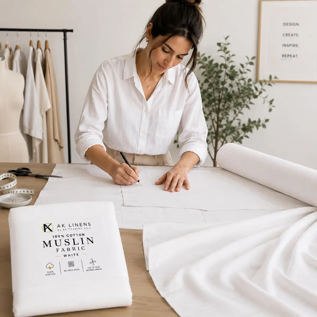 AK TRADING CO. Bleached Cotton Muslin Fabric 1 Yard | Medium Weight, 60in Wide, 100% Cotton - view 3