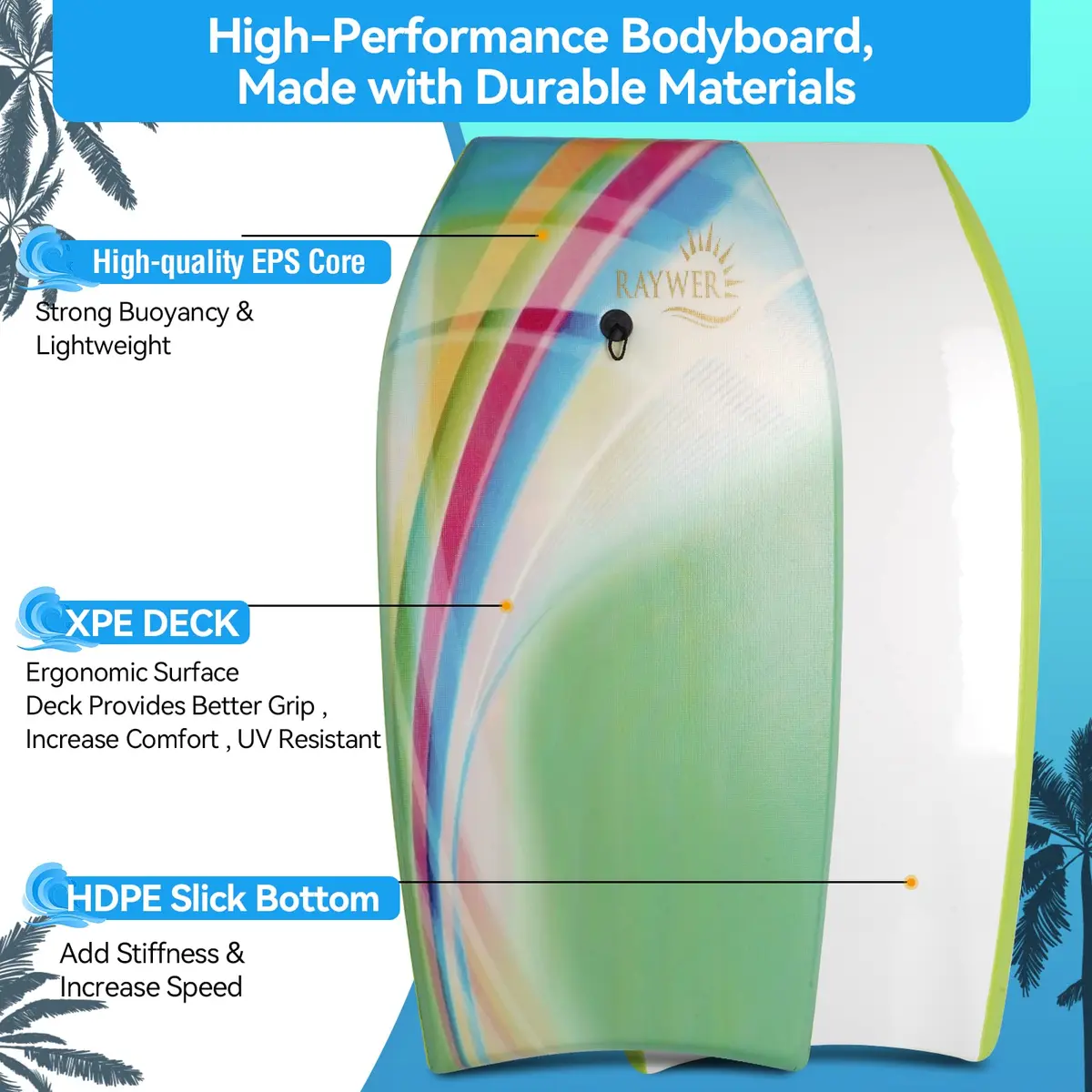 RAYWER Body Board Lightweight with EPS Core, HDPE Slick Bottom, Leash & Adjustable Wrist Rope, 41-INCH | Impact-Resistant Surfing for Kids & Adults - view 2