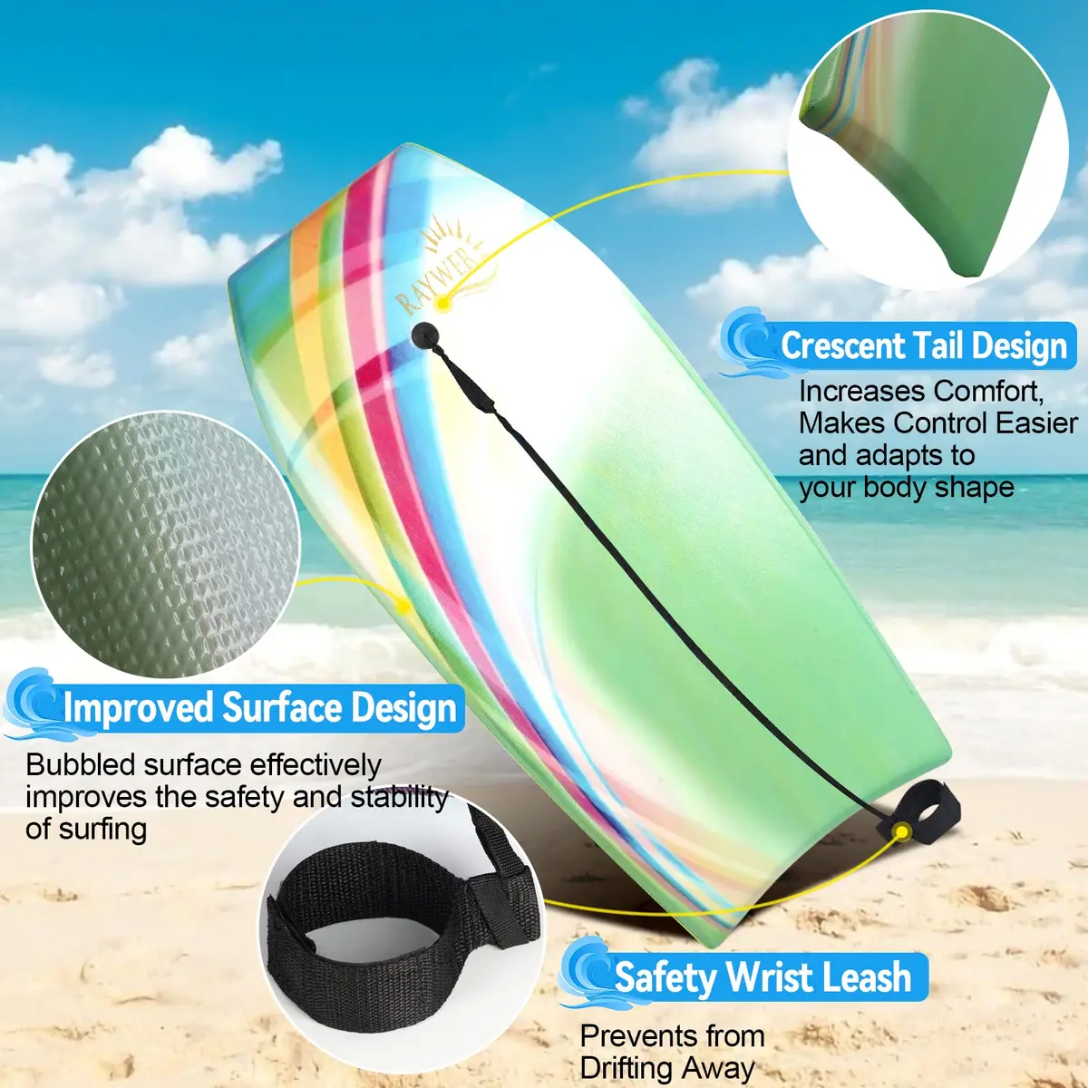 RAYWER Body Board Lightweight with EPS Core, HDPE Slick Bottom, Leash & Adjustable Wrist Rope, 41-INCH | Impact-Resistant Surfing for Kids & Adults - view 4