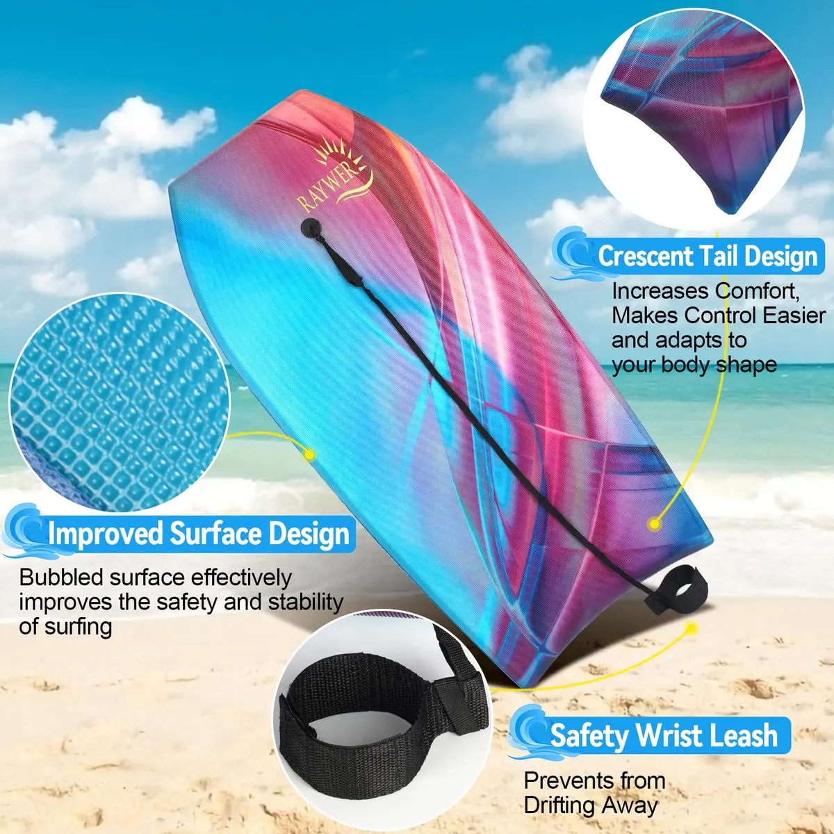 RAYWER Body Board Lightweight with EPS Core 41-INCH | Impact-Resistant, HDPE Slick Bottom, Kids & Adults - view 4