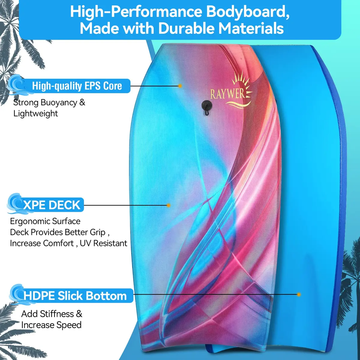 RAYWER Body Board Lightweight with EPS Core 33-INCH | Impact-Resistant Surfing Fun for Kids & Adults - view 2