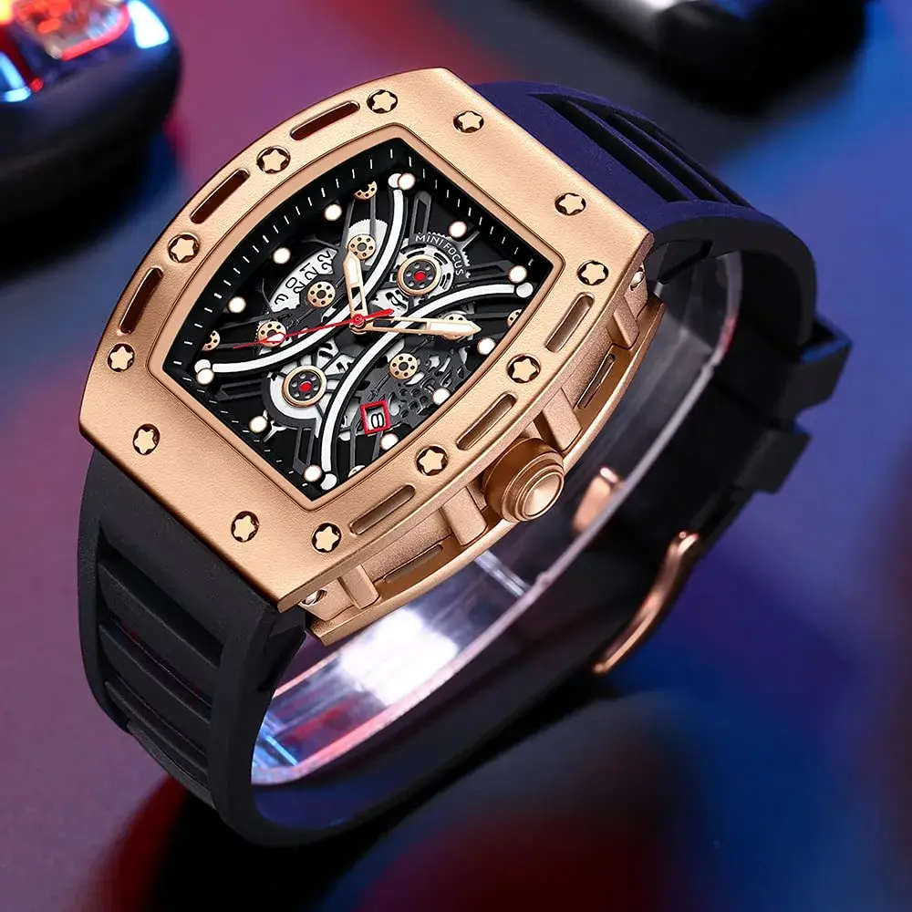 AIMES Men's Tonneau Watch Gold Black 41.8mm | Skeleton Dial Luxury Quartz - view 2