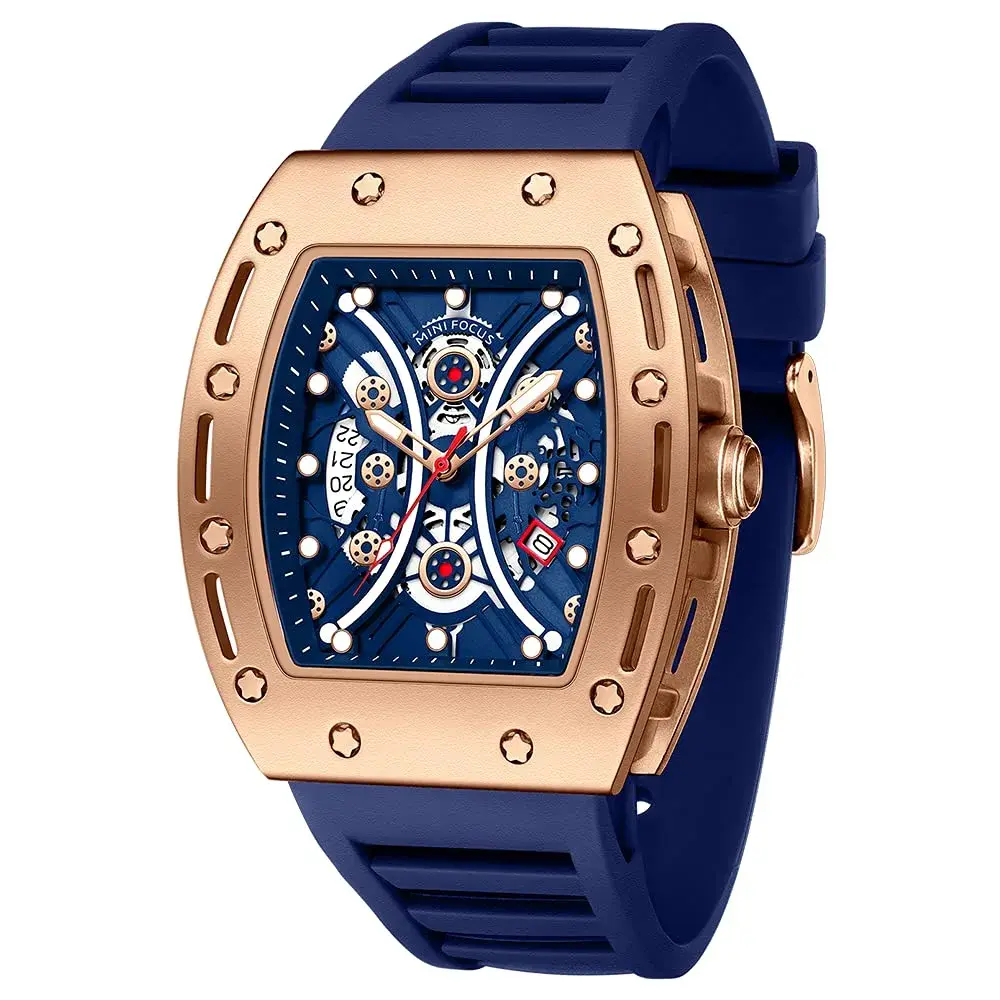 AIMES Men's Tonneau Watch Gold Blue 41.8mm (1.65 inch) | Skeleton Dial Luxury Quartz - main product image