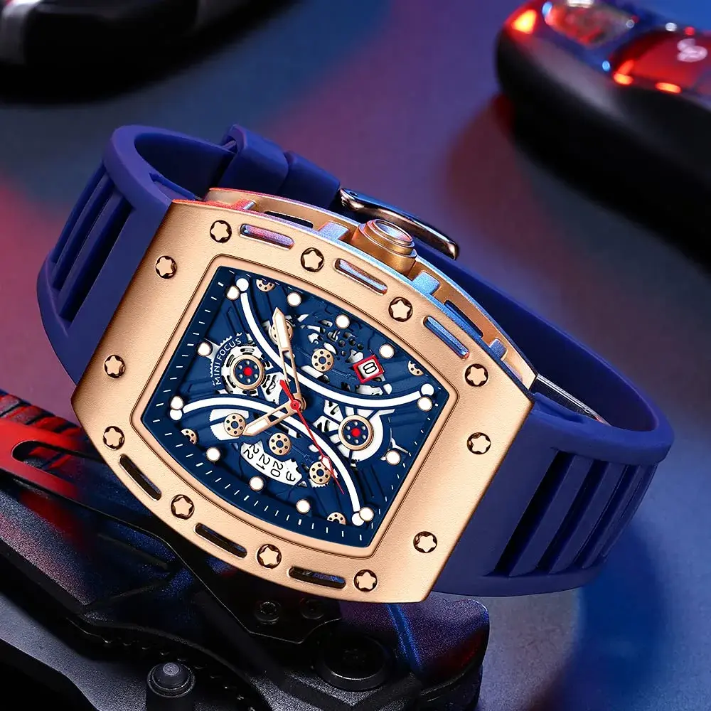 AIMES Men's Tonneau Watch Gold Blue 41.8mm (1.65 inch) | Skeleton Dial Luxury Quartz - view 7