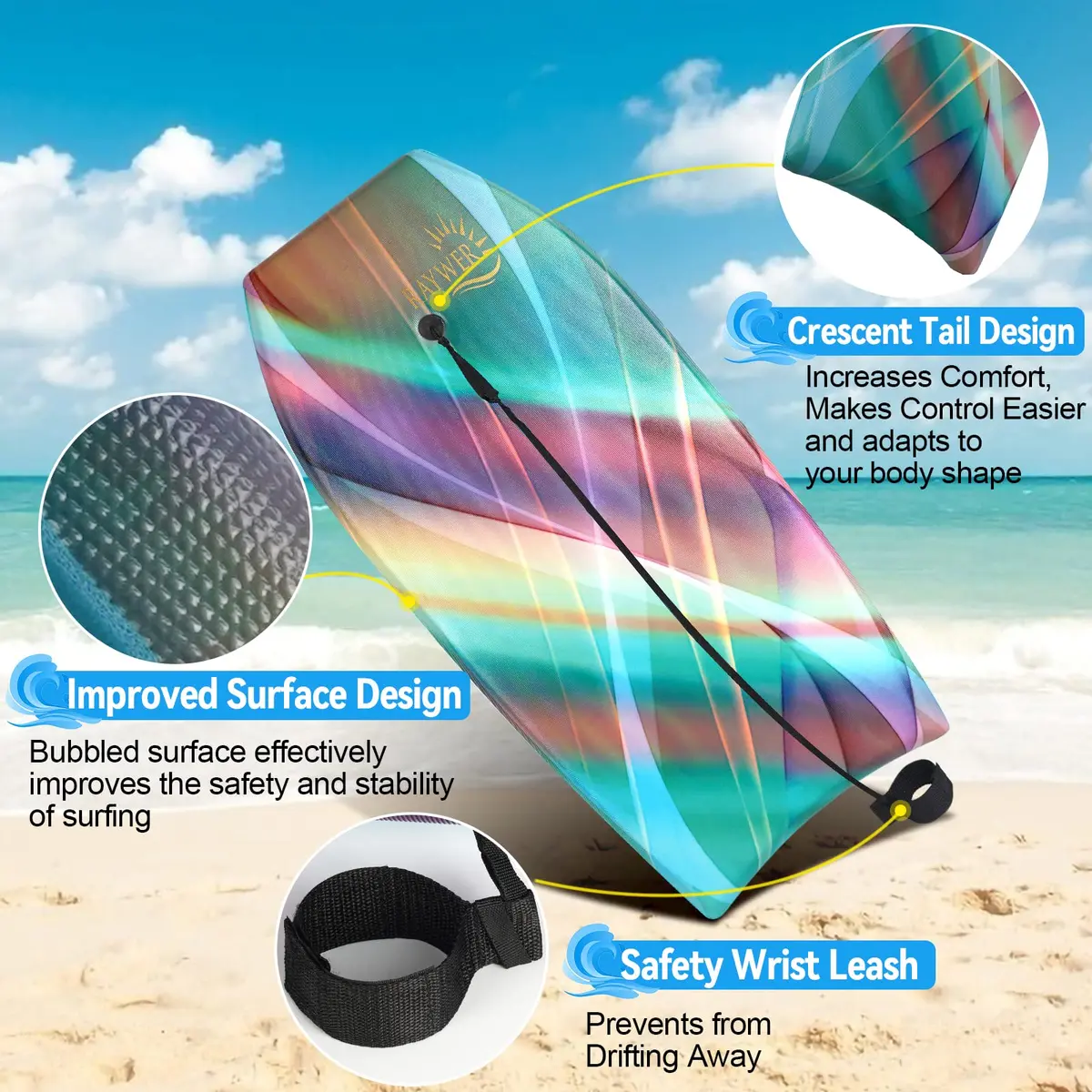 RAYWER Body Board Lightweight with EPS Core 33-INCH | Impact-Resistant, HDPE Slick Bottom, for Kids & Adults - view 3