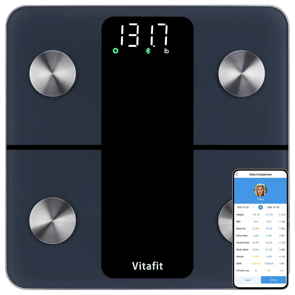 Vitafit Smart Body Weight Scale 1.15 kg (2.54 lb) | High Accuracy 0.05 kg (0.1 lb) with 13 Body Compositions - main product image