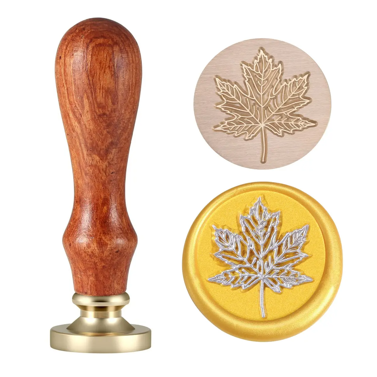 Yoption Fall Maple Leaf Wax Seal Stamp for Envelope and Invitation Seals | 25mm Diameter, Copper & Rosewood Handle - main product image