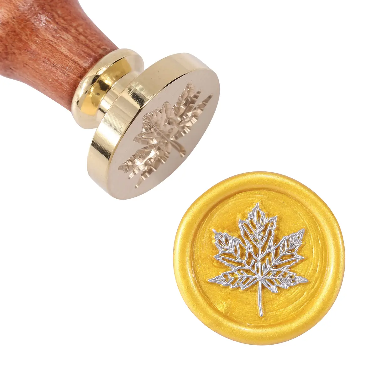 Yoption Fall Maple Leaf Wax Seal Stamp for Envelope and Invitation Seals | 25mm Diameter, Copper & Rosewood Handle - view 2
