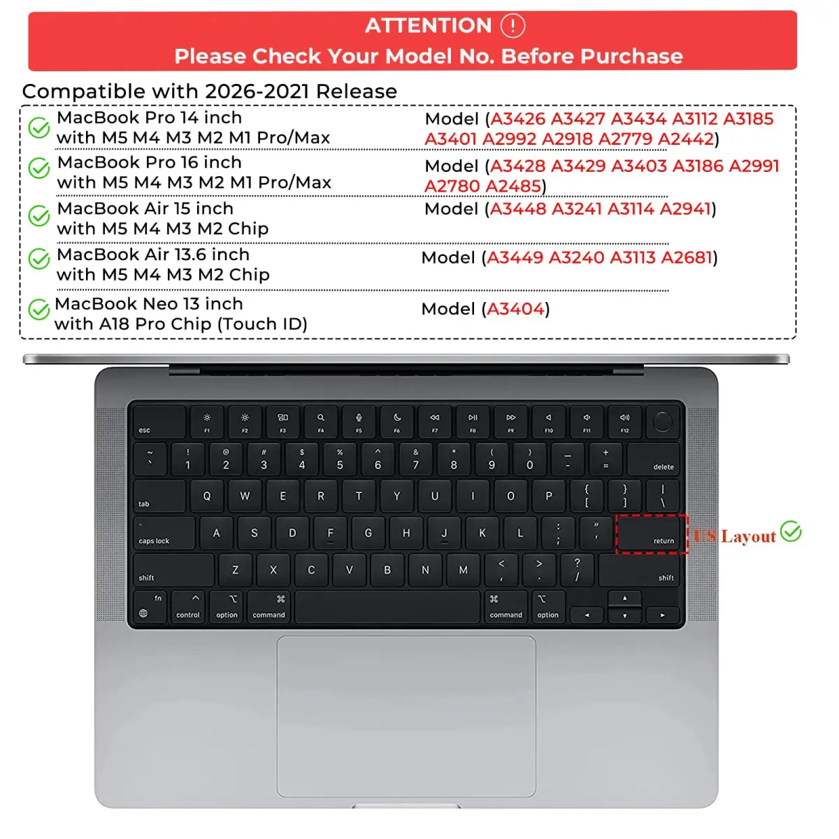 EooCoo Clear Keyboard Cover Skin Protector for MacBook Pro 14/16" & Air 13/15" | Ultra-Thin TPU - view 6