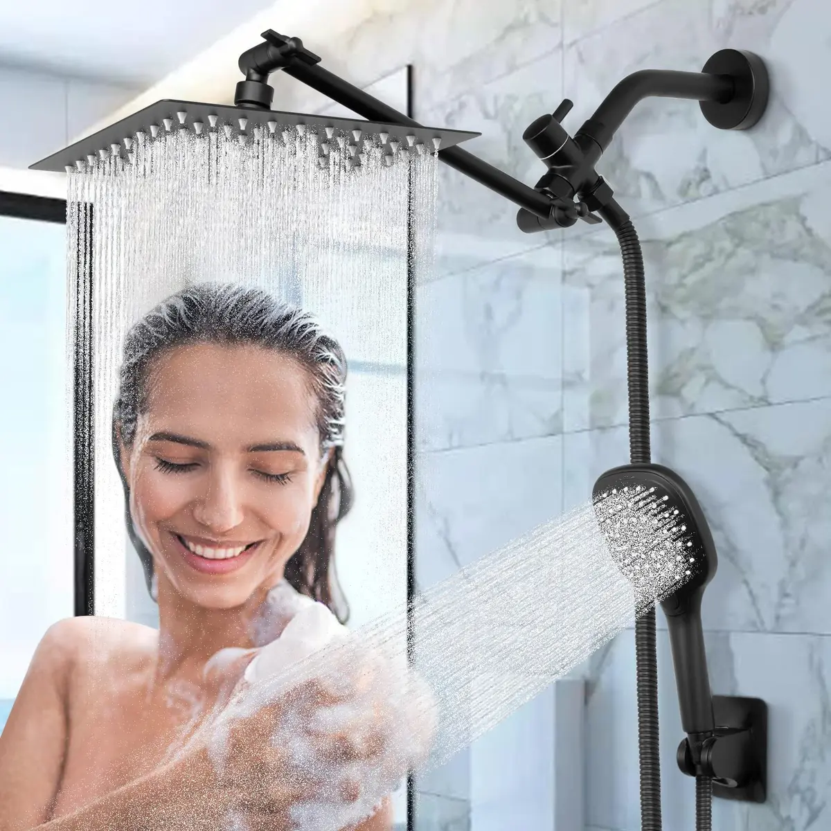 NearMoon Solid Brass G1/2" Shower Arm All Metal Universal 3-Way Diverter Valve for Handheld and Fixed Head, Replacement Component Adapter (Matte Black) | Durable Brass - view 6