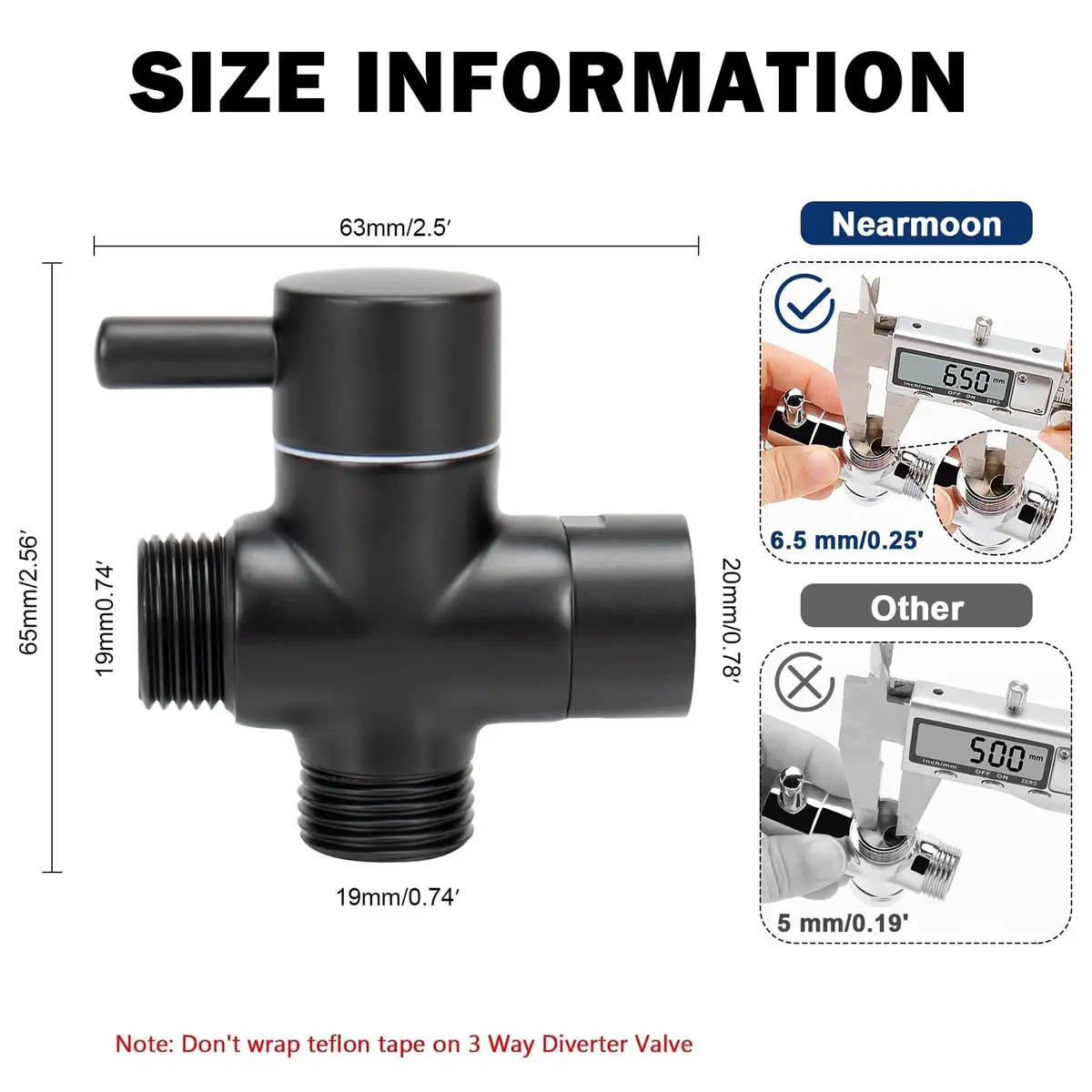 NearMoon Solid Brass G1/2" Shower Arm All Metal Universal 3-Way Diverter Valve for Handheld and Fixed Head, Replacement Component Adapter (Matte Black) | Durable Brass - view 2