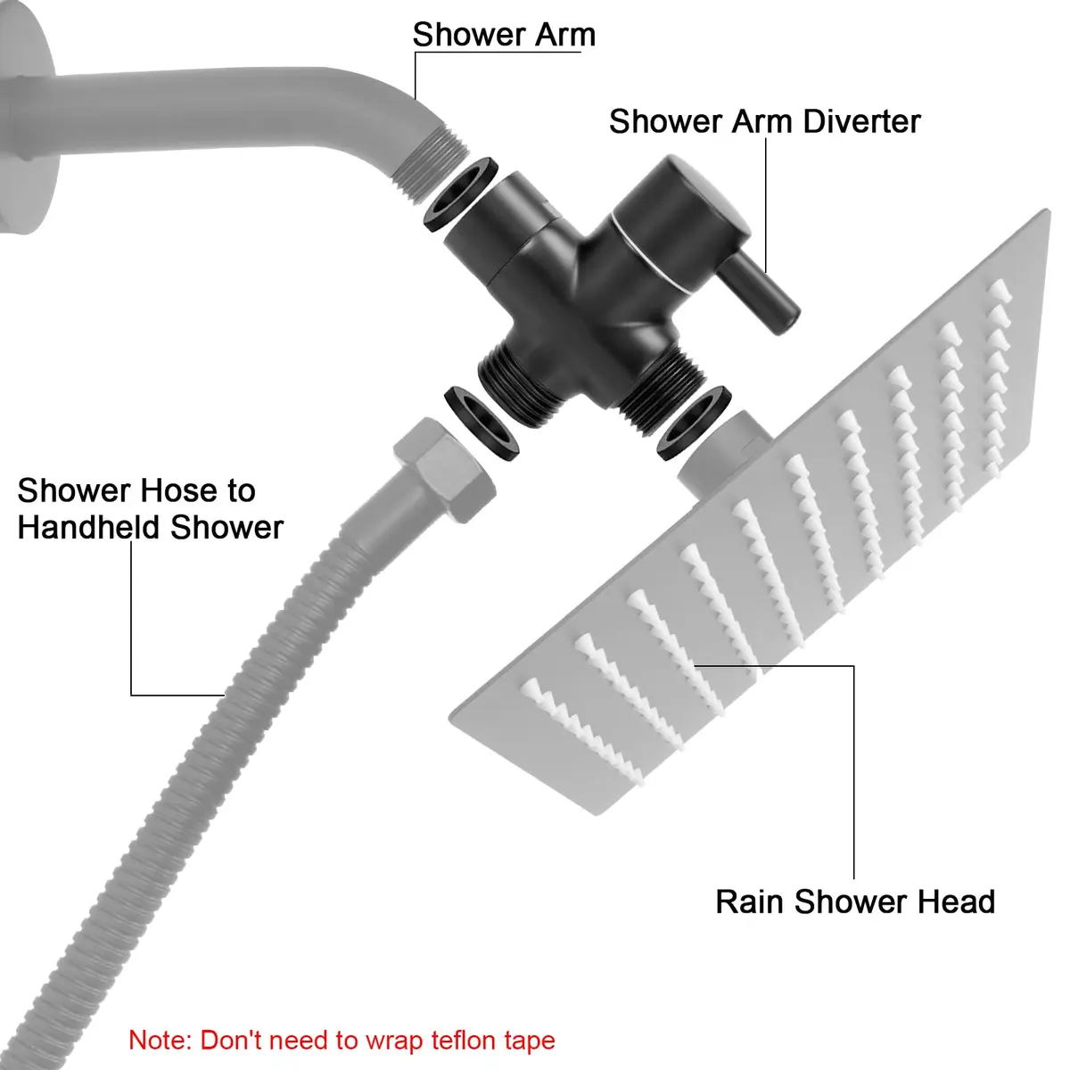 NearMoon Solid Brass G1/2" Shower Arm All Metal Universal 3-Way Diverter Valve for Handheld and Fixed Head, Replacement Component Adapter (Matte Black) | Durable Brass - view 3