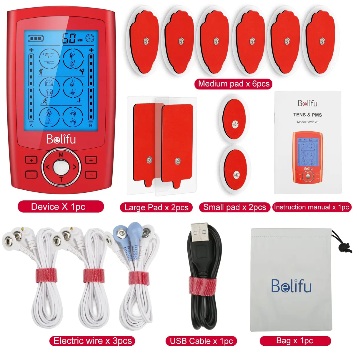 Belifu Dual Channel TENS EMS Unit 24 Modes Muscle Stimulator with 10 Pads | Pain Relief Therapy - view 6