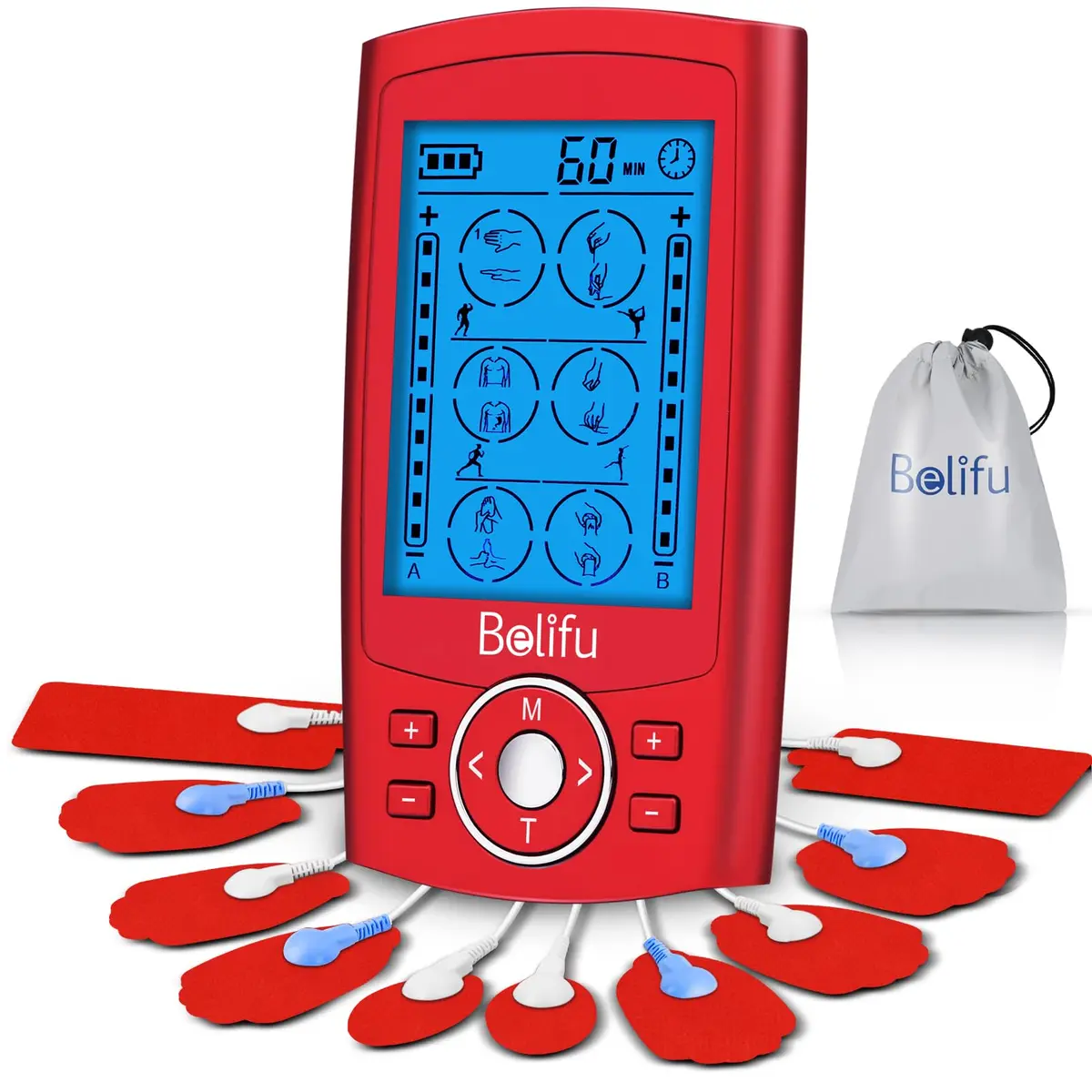 Belifu Dual Channel TENS EMS Unit 24 Modes Muscle Stimulator with 10 Pads | Pain Relief Therapy - main product image