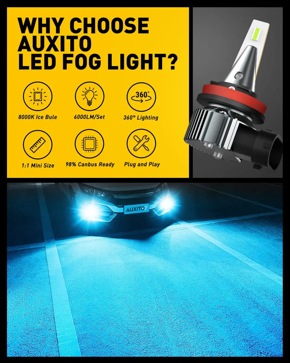 AUXITO H8 H11 H16 LED Fog Lights Bulbs Ice Blue 8000K (2-Pack) | High Penetration & Perfect Beam Pattern - view 7
