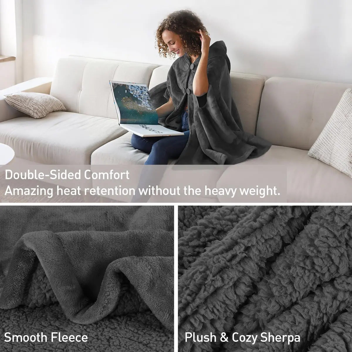 Catalonia Women's Hooded Poncho Cape, Oversized Sherpa Fleece Cloak Coat | Cozy Winter Wear for Women - view 5