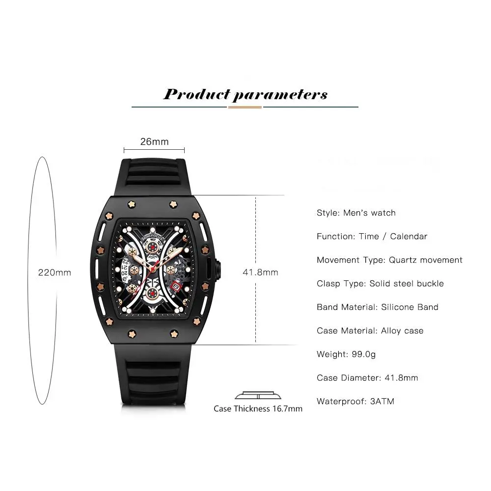 AIMES Men’s Black Skeleton Tonneau Watch | 41.8mm Quartz, Water-Resist 30M - view 6