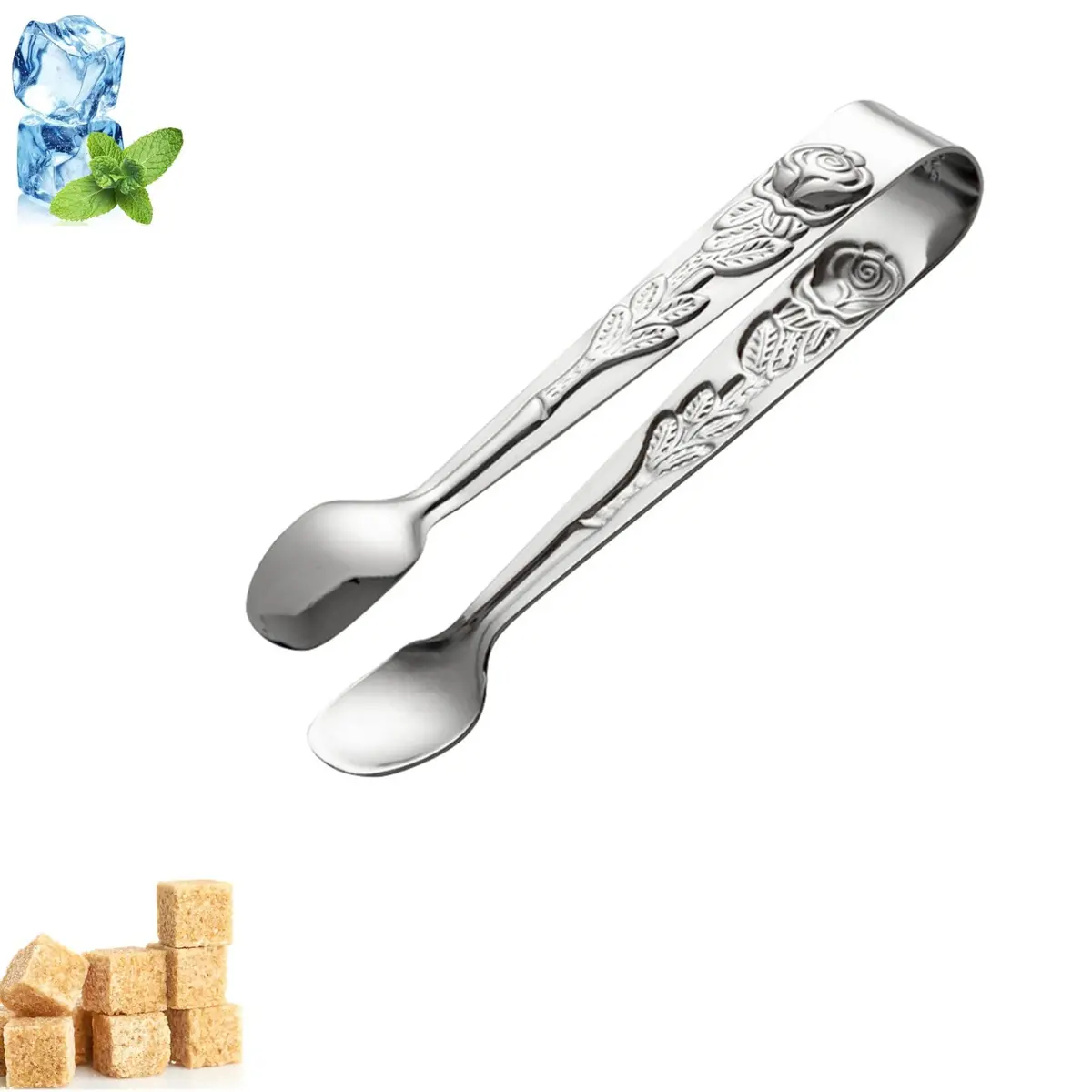 Saycker Mini Serving Tongs 10.5cm Rose Pattern Stainless Steel for Sugar & Appetizers - main product image