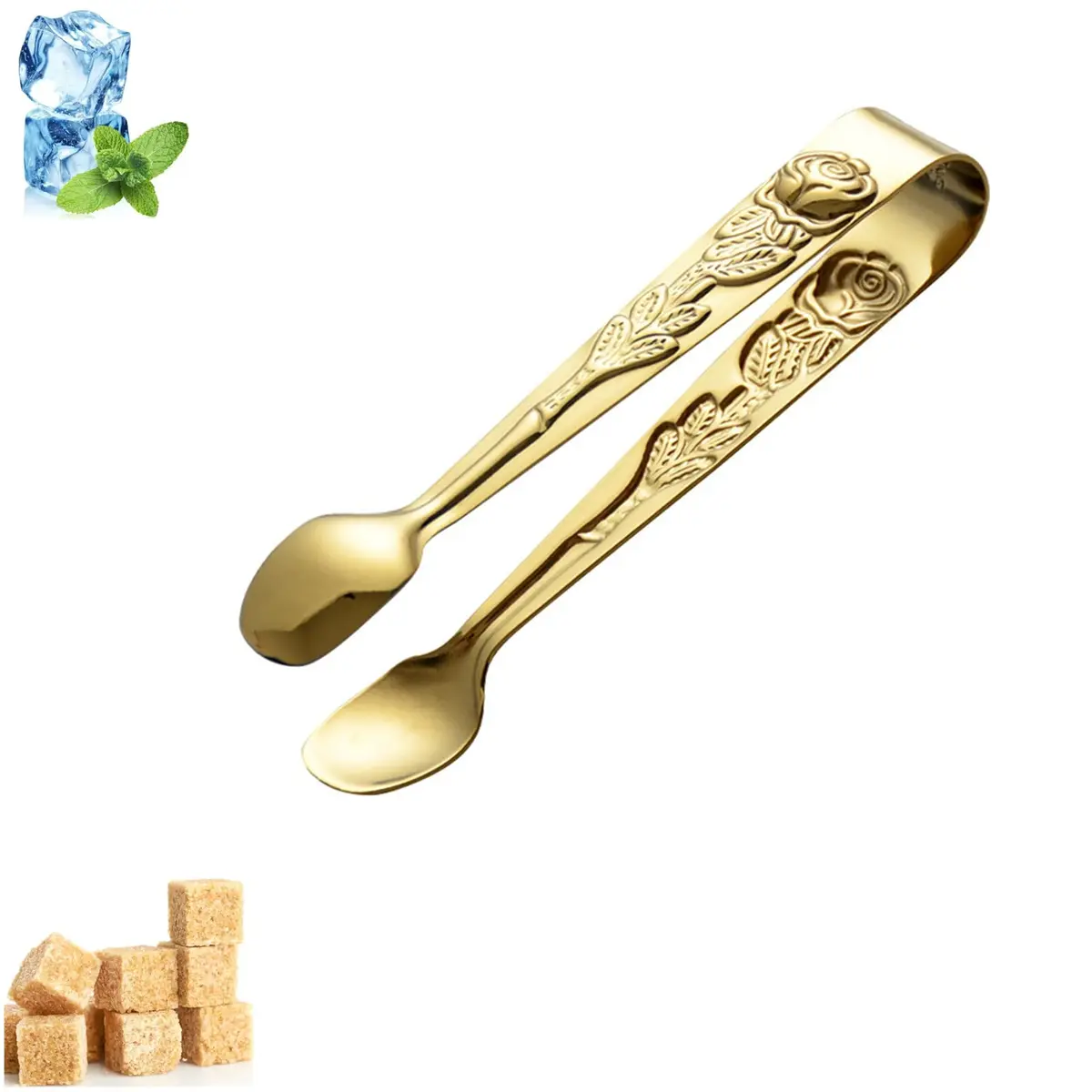 Saycker Mini Serving Tongs 4Inch Rose Pattern Stainless Steel Gold | Small Ice & Sugar Cube Tongs - main product image