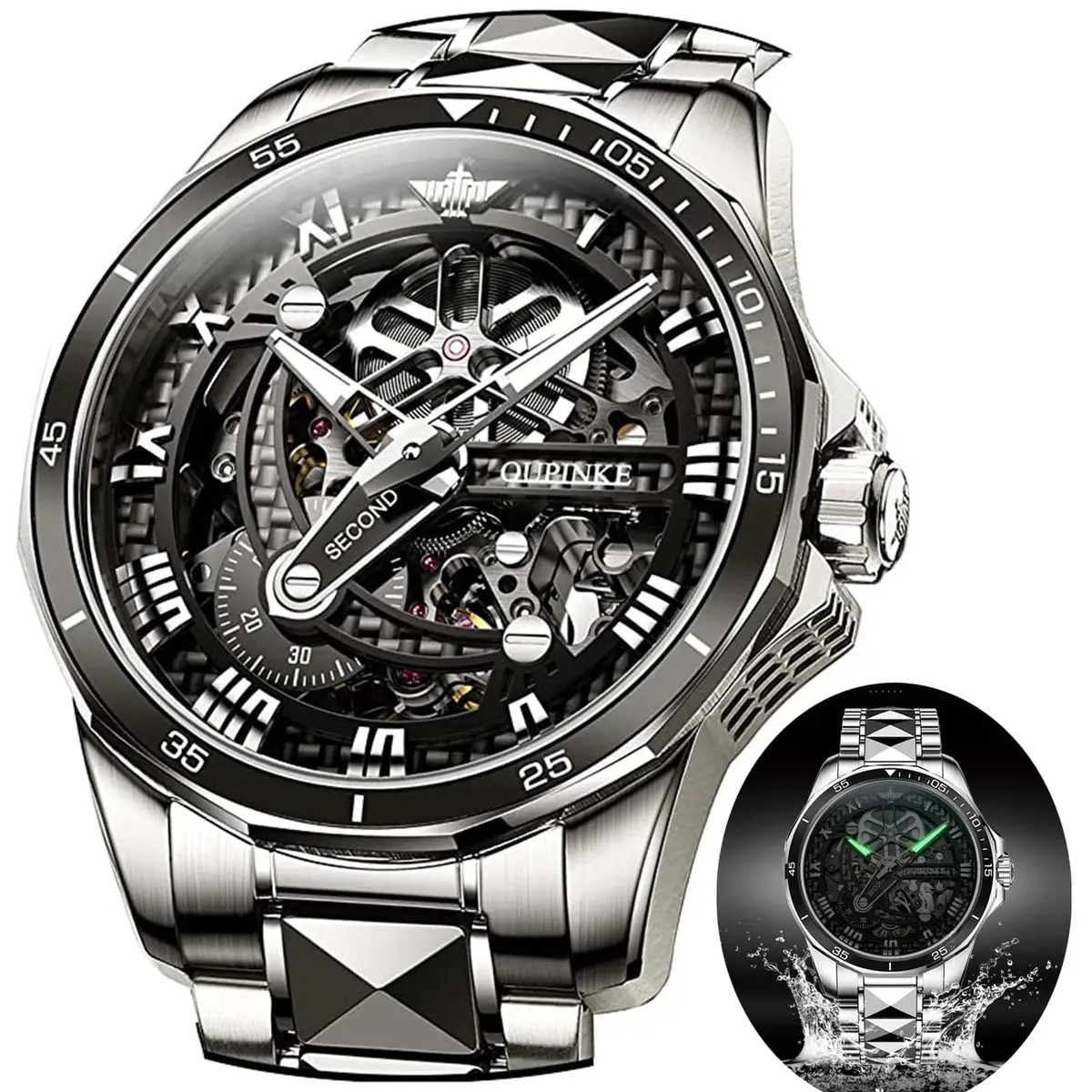 OLEVS Automatic Skeleton Watch for Men 42mm (1.65 Inches) Silver Tungsten Steel | Big Face Waterproof Luxury Watch - main product image
