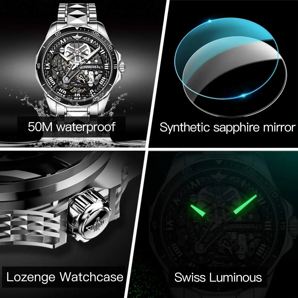OLEVS Automatic Skeleton Watch for Men 42mm (1.65 Inches) Silver Tungsten Steel | Big Face Waterproof Luxury Watch - view 5