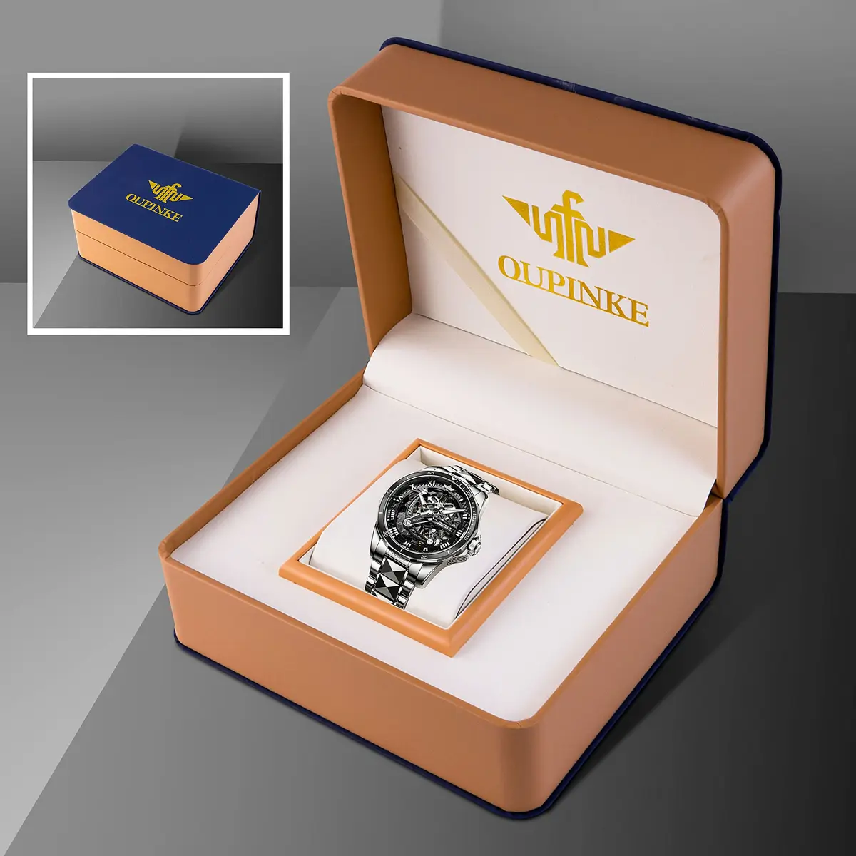 OLEVS Automatic Skeleton Watch for Men 42mm (1.65 Inches) Silver Tungsten Steel | Big Face Waterproof Luxury Watch - view 6