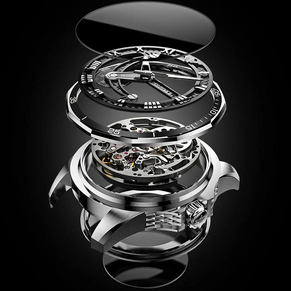 OLEVS Automatic Skeleton Watch for Men 42mm (1.65 Inches) Silver Tungsten Steel | Big Face Waterproof Luxury Watch - view 7