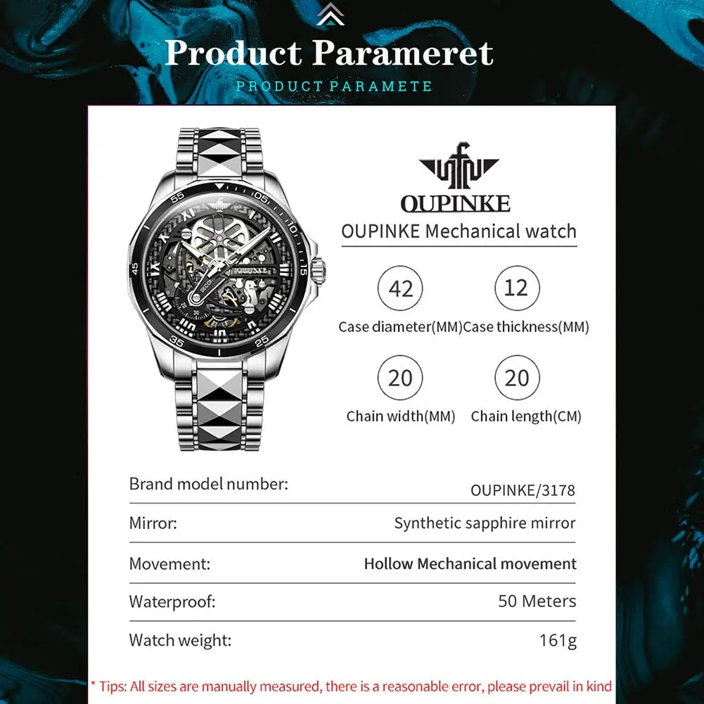 OLEVS Automatic Skeleton Watch for Men 42mm (1.65 Inches) Silver Tungsten Steel | Big Face Waterproof Luxury Watch - view 9